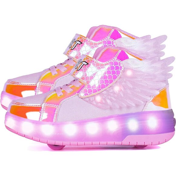 Kid's Girls Pink USB Chargable LED Lighting Roller Wheeled Skate Sneaker Shoes - Picture 1 of 7